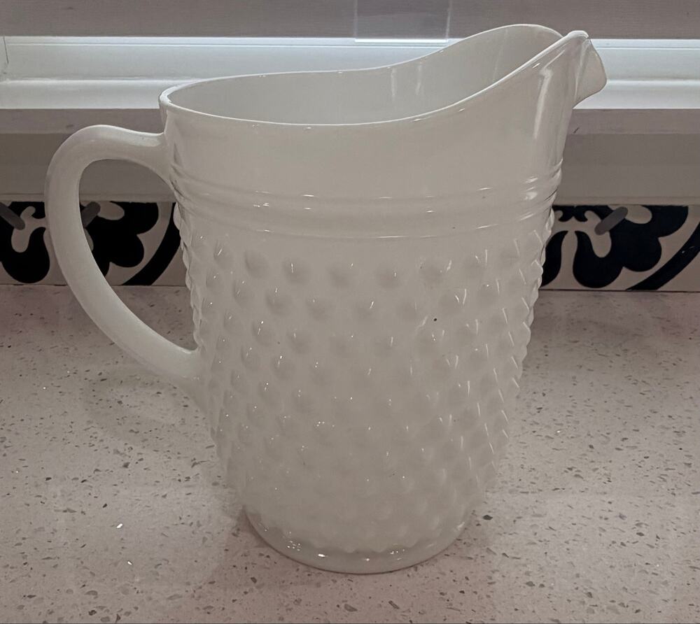 Vintage Fenton Hobnail Milk Glass 70 Oz Pitcher Ruffled Ice Lip 9.5” White
